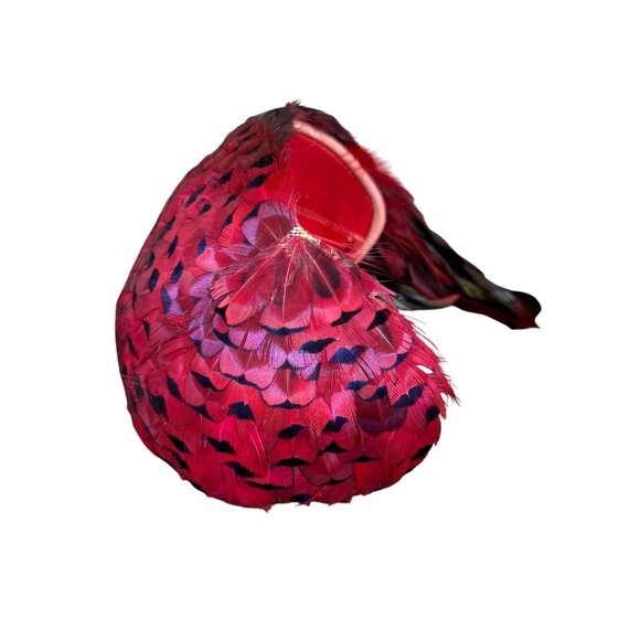 Feathered Womens Red Fascinator Hat With Iridescent Green Accents Elegant Vintag - Picture 7 of 8